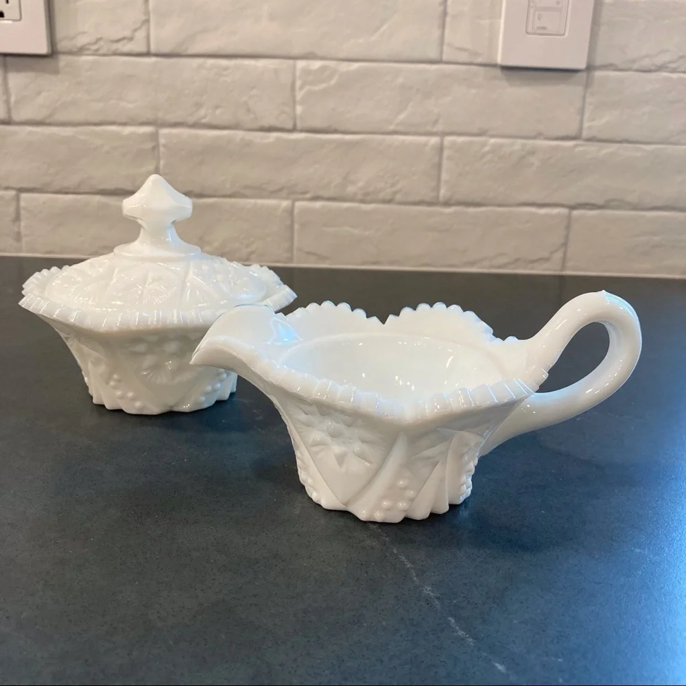 Vintage Kemple milk glass set sugar creamer cut glass set